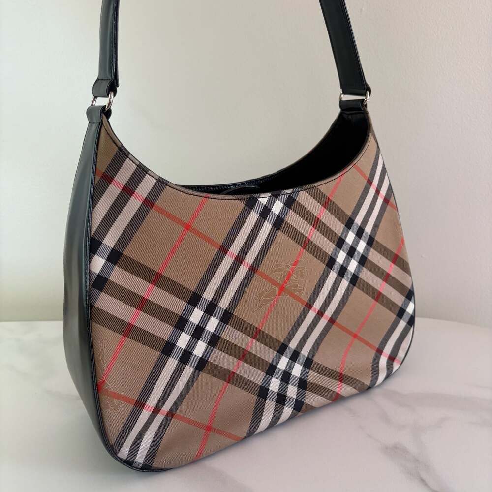 Burberry Nova Check Canvas & Black Leather Front Pocket Buckle Hobo Bag - Picture 3 of 16